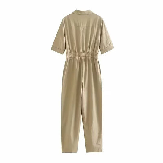 Damen Jumpsuit mit taillierter Elastikbund und praktischen Knopfdetails Fudus