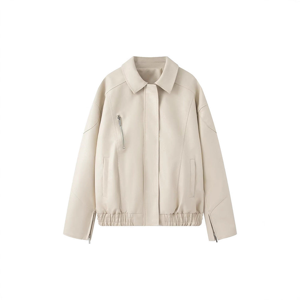 Damen Kunstlederjacke mit angesagtem Stehkragen und praktischen Reißverschlusstaschen Fudus