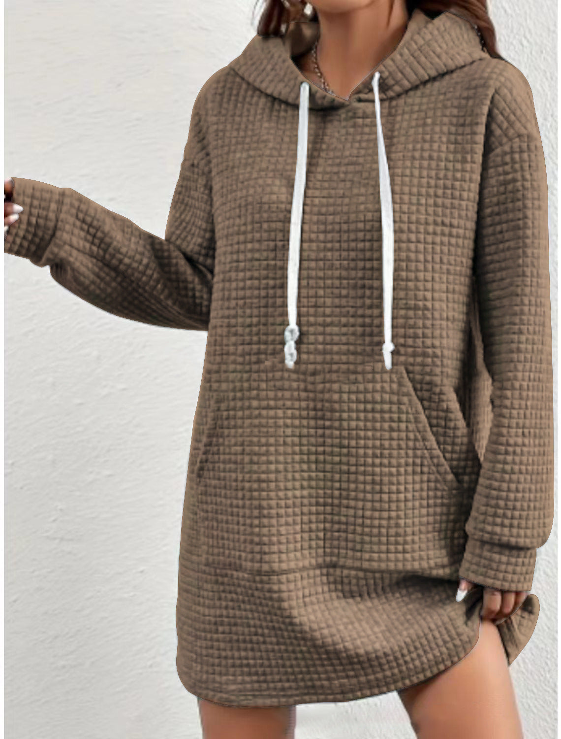 Damen Hoodie-Kleid mit praktischem Kängurutasche und modernem Strickdesign Fudus
