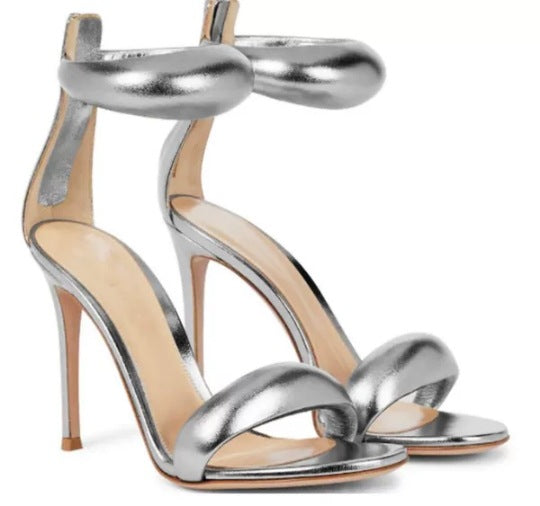 Sandalen Damen Stiletto Hochglanz Skulpturaler Riemen