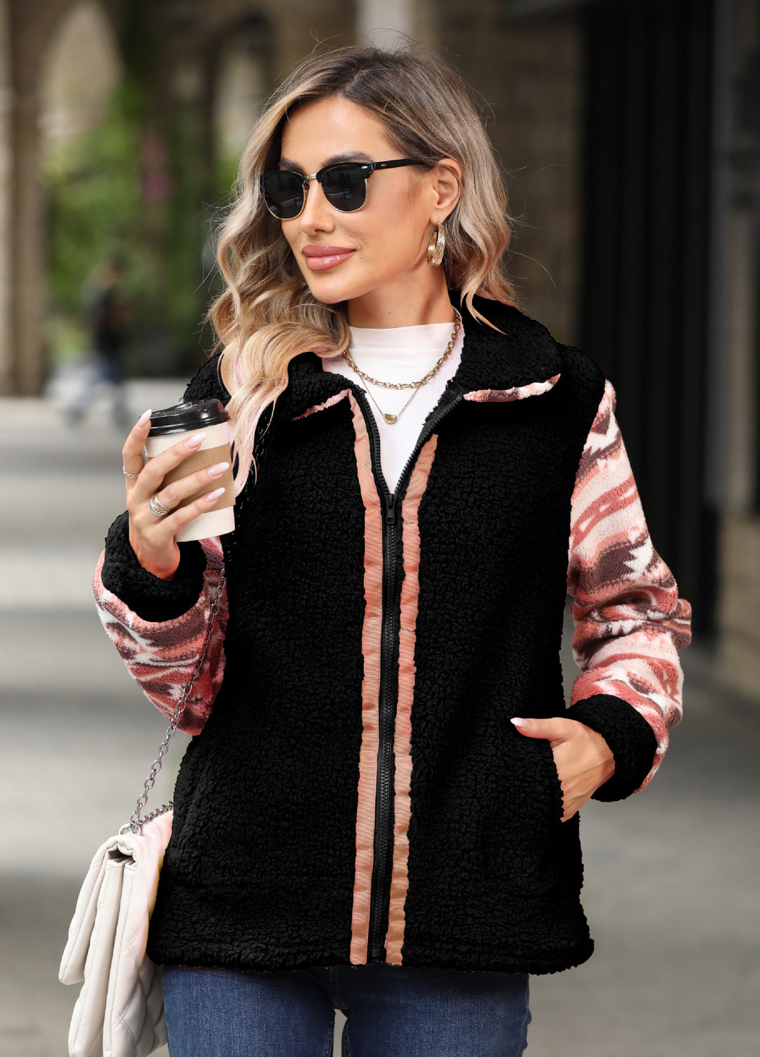 Damen kuschelige Fleecejacke mit modischem Muster Fudus