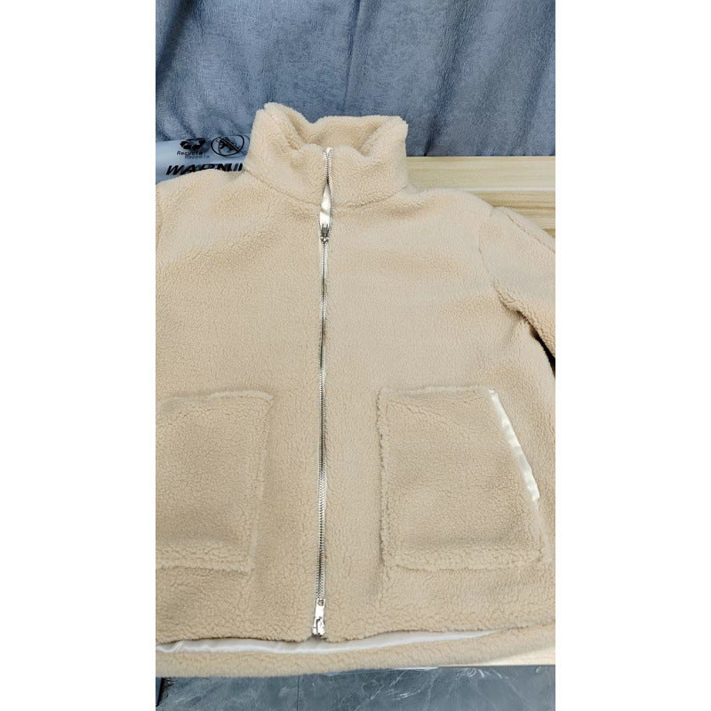 Damen Kuschelige Teddyfelljacke mit hohen Kragen und Reißverschluss Fudus