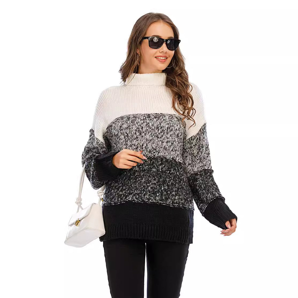 Damen kuscheliger Strickpullover mit hohem Kragen und modischem Farbblockdesign Fudus