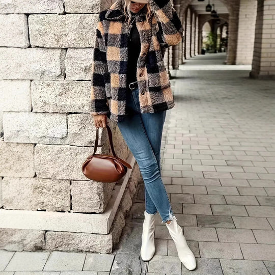 Damen Kuschelige Karofleecejacke im Casual-Stil Fudus