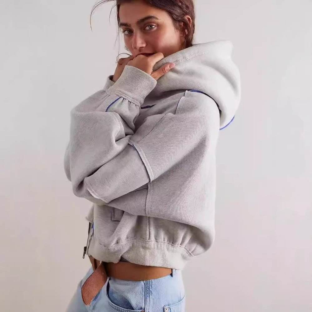 Damen Modischer Kapuzenpullover mit auffälligen Kontrastnähten und großzügigen Taschen Fudus