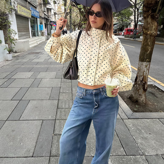 Damen lässige Blousonjacke mit Punkten und weiten Ärmeln Fudus