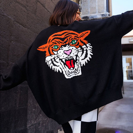 Damen Grobstrickpullover mit auffälligem Tiger-Design Fudus
