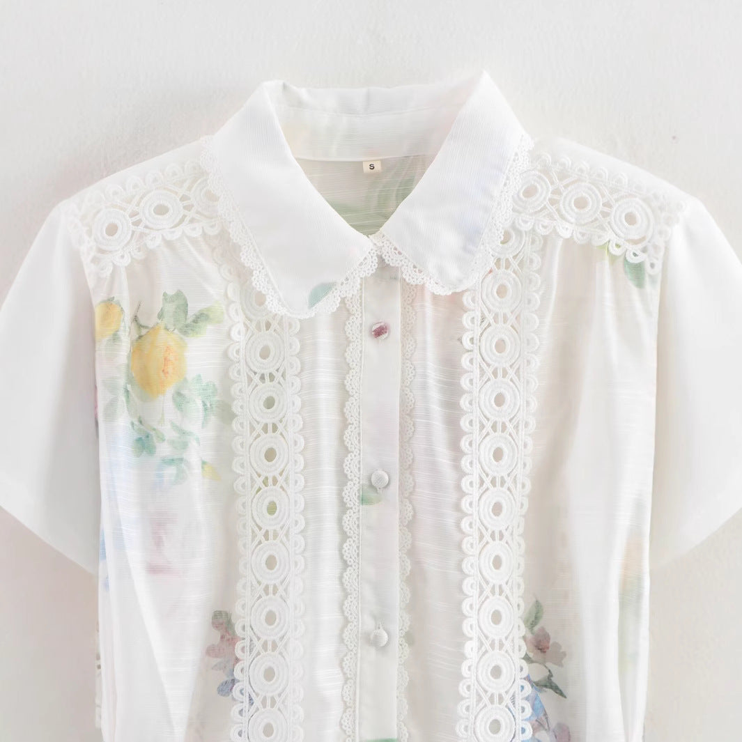 Fudus | Sommer Puppenkragen Spitzenrand Gürtel Bedrucktes Kleid