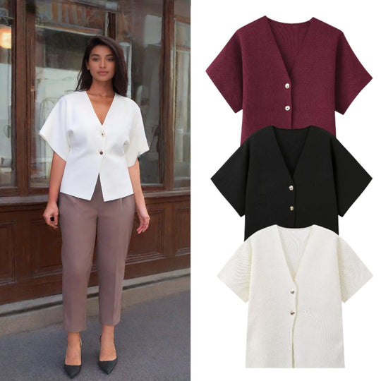 Damen Kurzarmjacke mit V-Ausschnitt und dekorativen Knöpfen Fudus