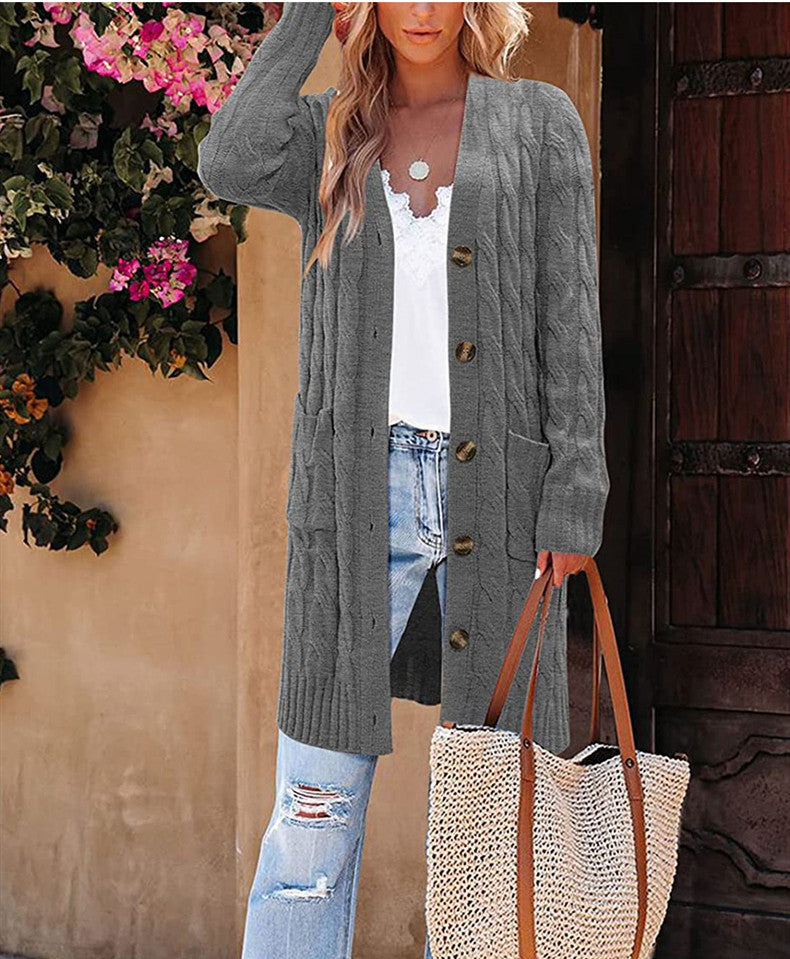 Damen Langer Strickcardigan mit Kabelmuster und Taschen Fudus