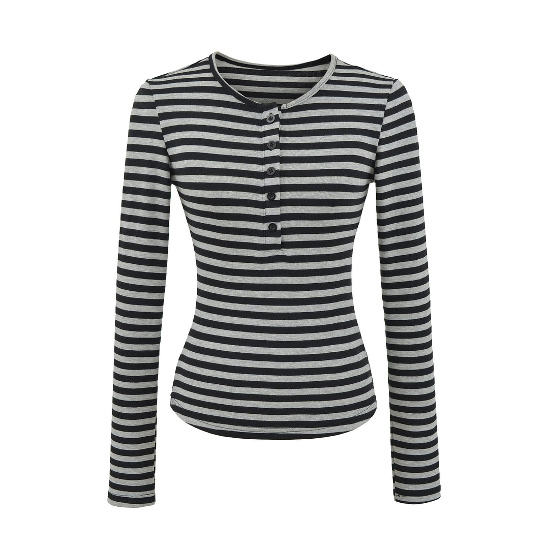 Damen langärmliges gestreiftes Oberteil mit Knopfdetail Fudus