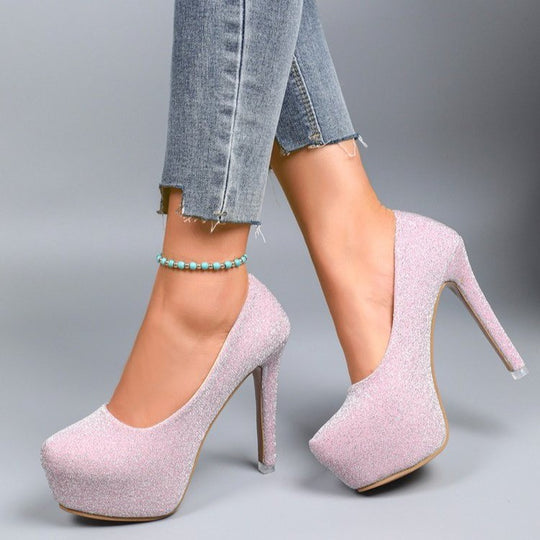 Damen High-Heel Pumps mit Funkelndem Glitzer und Bequemer Plateau-Sohle