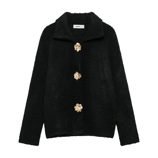 Damen kuschelige Oversized-Jacke mit eleganten Knopfdetails Fudus