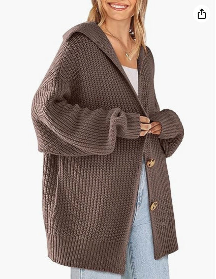 Damen Grobstrick-Hoodie Cardigan mit Knopfleiste und oversized Passform Fudus