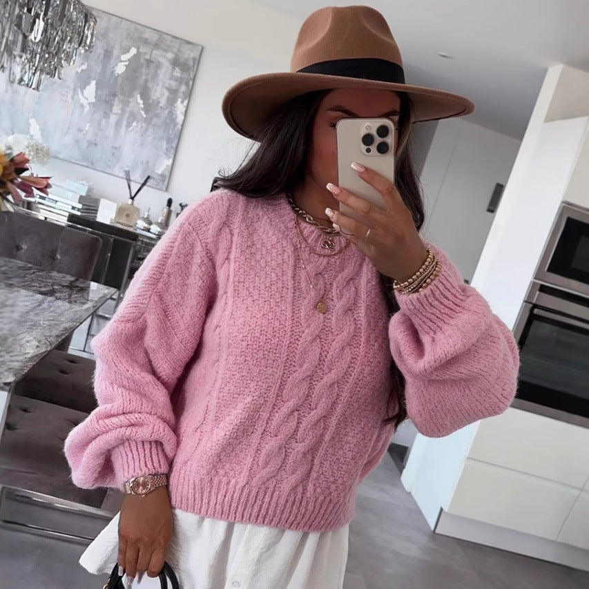 Damen Grobstrickpullover mit voluminösen Ärmeln und romantischem Zopfdesign Fudus