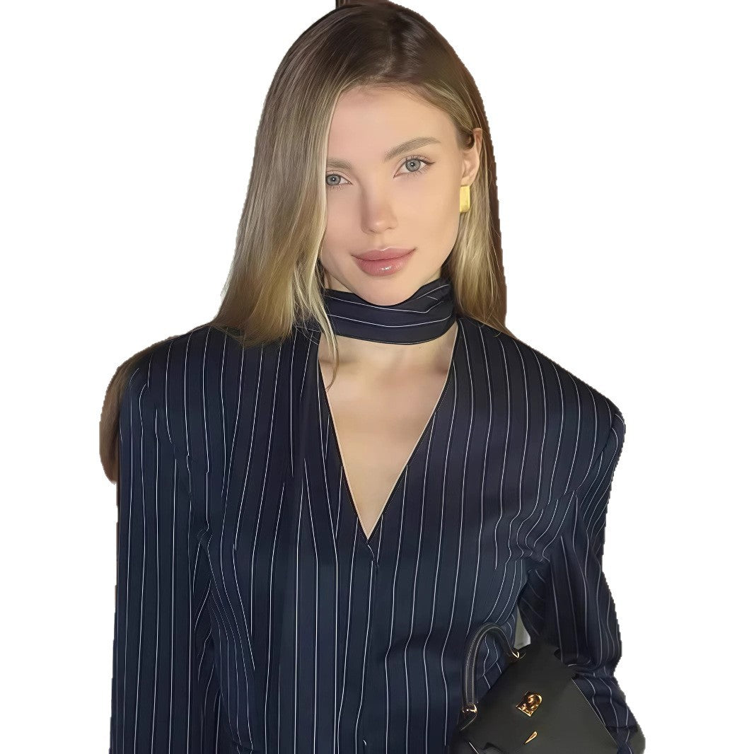 Damen Elegante gestreifte Bluse mit schmeichelndem V-Ausschnitt und schmalem Gürtel Fudus