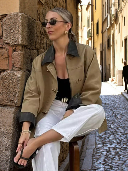 Damen lässige Oversized-Jacke mit kontrastierendem Kragen Fudus