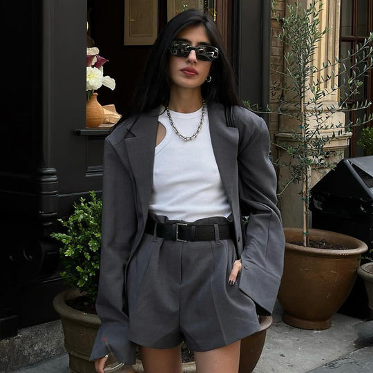 Damen Kurzblazerset mit Taillengürtel und modernem Schnitt Fudus