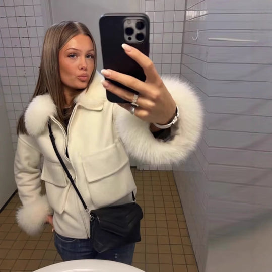 Damen Kunstfelljacke mit Pelzkragen und praktischen Taschen Fudus