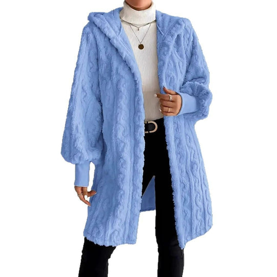 Damen kuscheliger Strickmantel mit Kapuze und gerafften Ärmeln Fudus