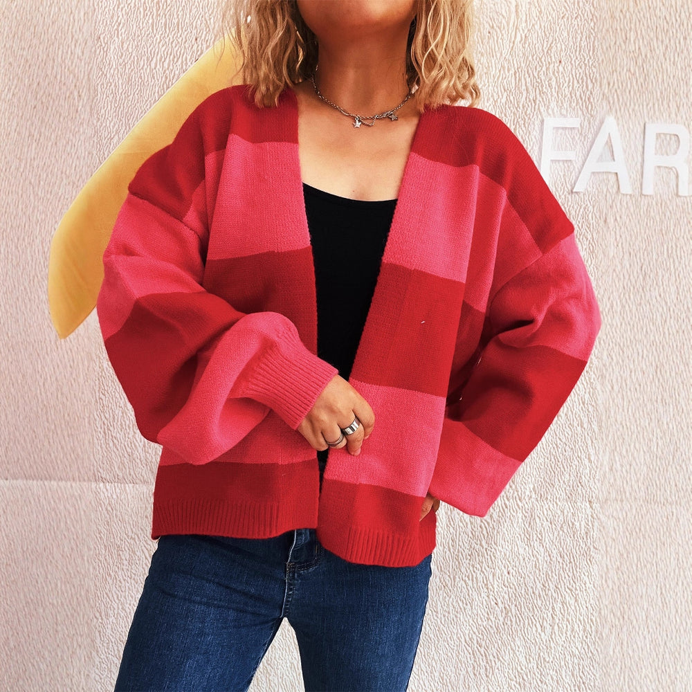 Damen lässige Strickjacke mit breitem Streifenmuster und extra weitem Schnitt Fudus