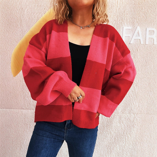 Damen lässige Strickjacke mit breitem Streifenmuster und extra weitem Schnitt Fudus