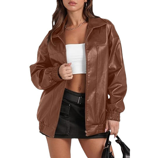 Damen lässige Oversized-Jacke mit elastischen Bündchen und durchgehendem Reißverschluss Fudus
