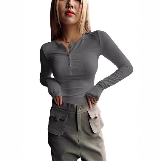 Damen langärmliges T-Shirt mit Knopfleiste und figurbetonter Passform Fudus