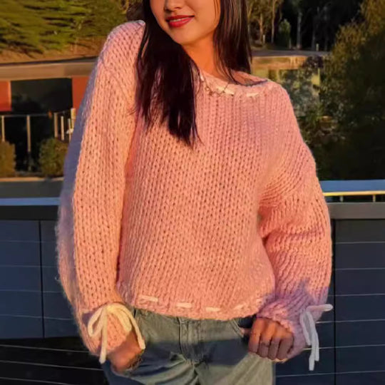 Damen Grobstrickpullover mit verspielten Details und lässigem Schnitt Fudus