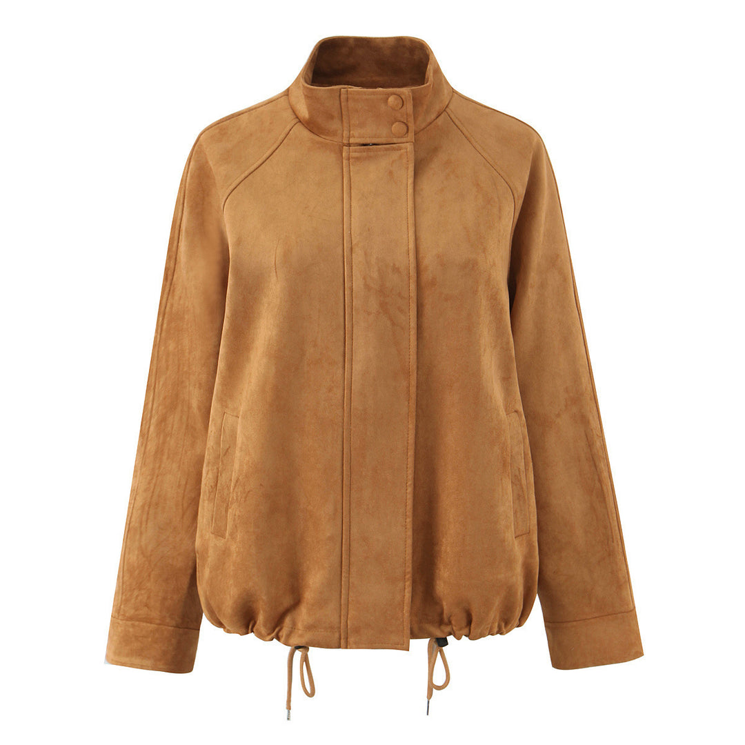 Damen Kunstlederjacke mit elegantem Stehkragen und regulierbarem Saum Fudus