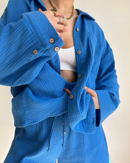 Damen lässige Overshirtjacke aus leichtem Material mit Holzknöpfen Fudus