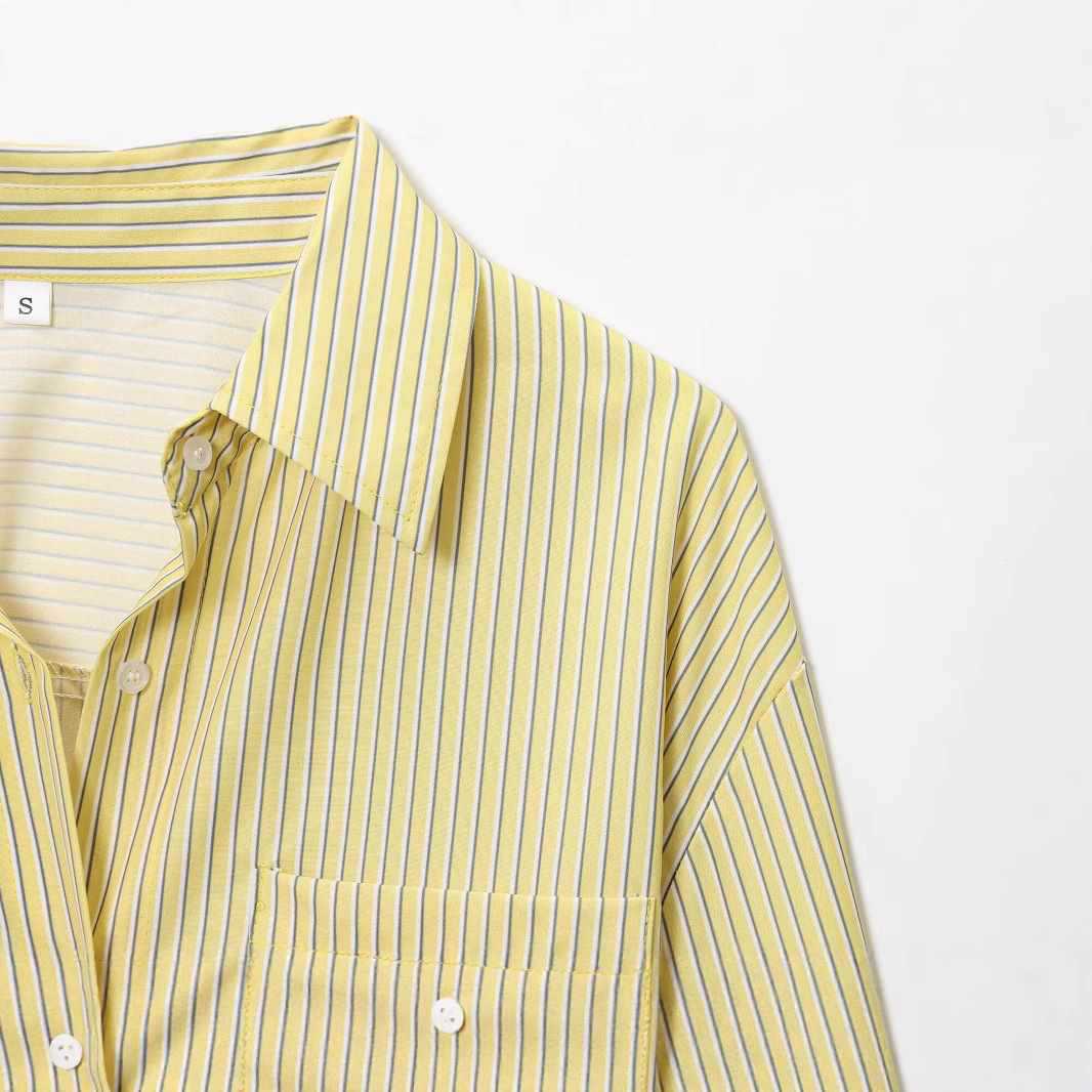 Damen lässige Bluse mit Streifenmuster und umschlagbaren Ärmeln Fudus