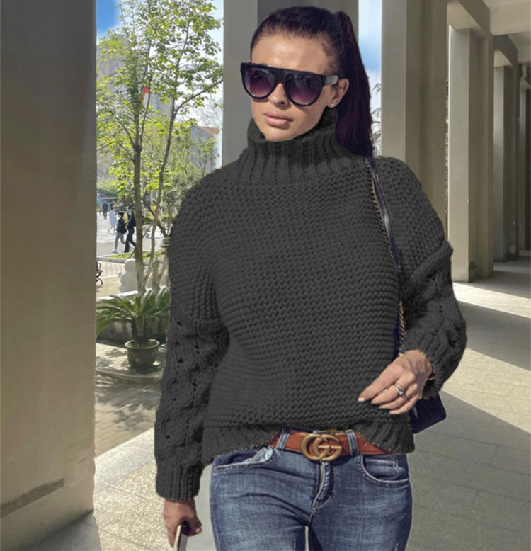 Damen Grobstrick Pullover mit hohem Kragen und Zopfmuster Fudus