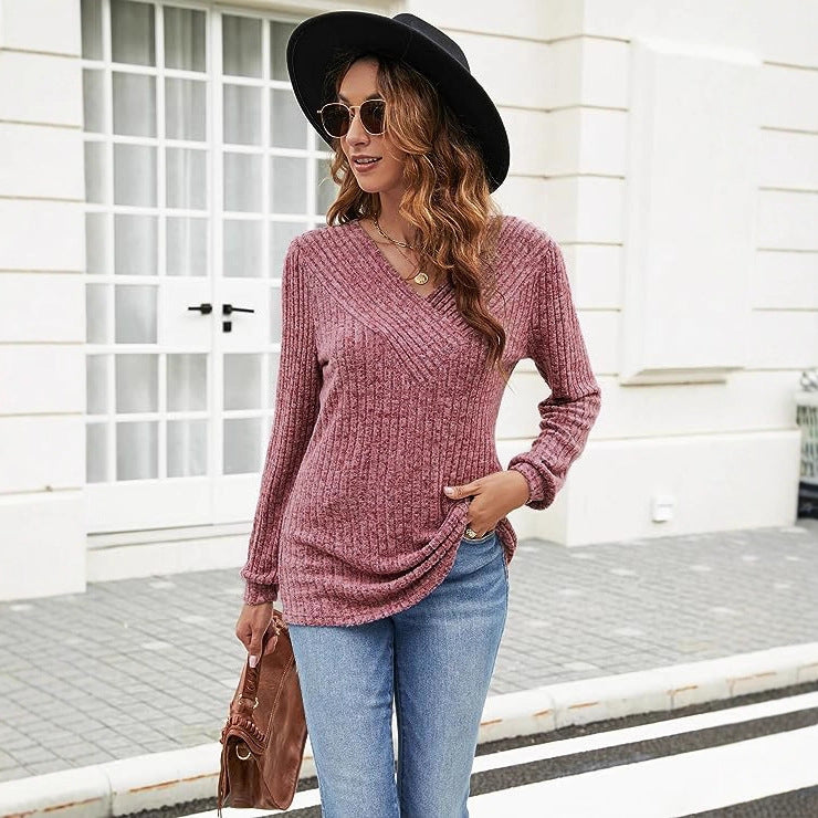 Damen Langärmliger V-Ausschnitt Pullover mit Rippstruktur und komfortabler Passform Fudus