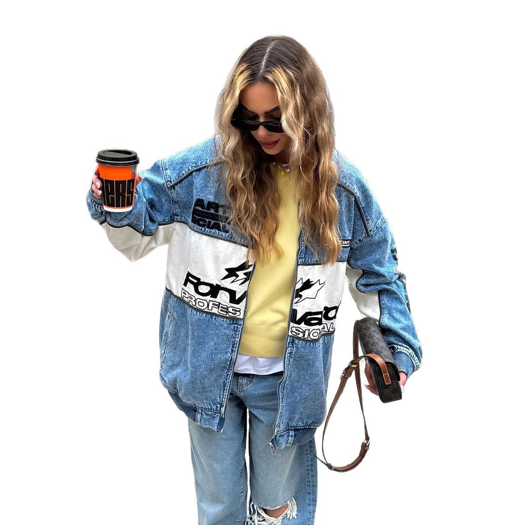 Damen lässige Jeansjacke mit kreativen Grafikdetails Fudus