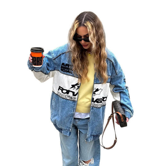 Damen lässige Jeansjacke mit kreativen Grafikdetails Fudus