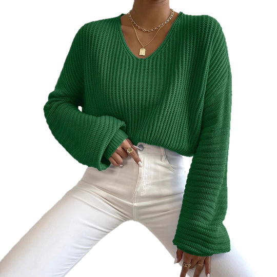 Damen Grobstrickpullover mit tiefem V-Ausschnitt und lässigen Ärmeln Fudus