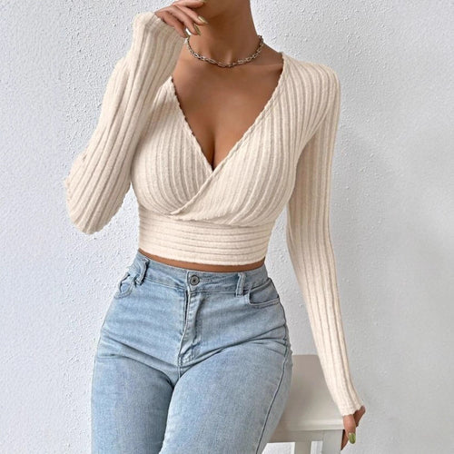 Damen Langarm-Crop-Top mit schmeichelndem Wickeldesign Fudus