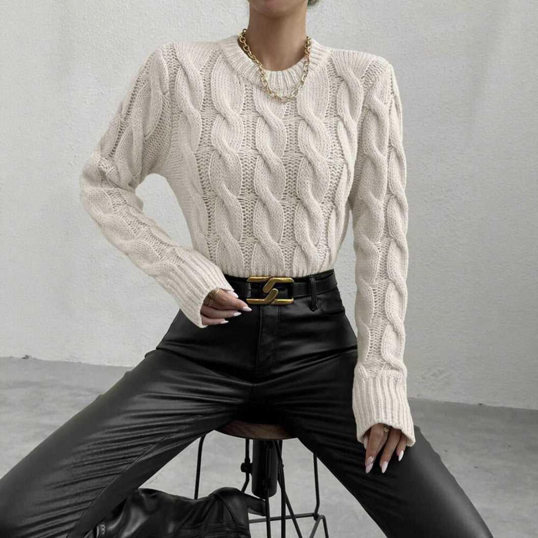 Damen Grobstrickpullover mit Zopf-Muster und hohem Kragen Fudus