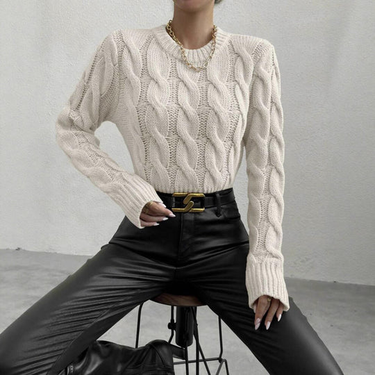 Damen Grobstrickpullover mit Zopf-Muster und hohem Kragen Fudus