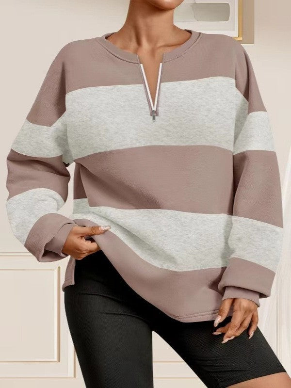 Damen Langarm Sweatshirt mit modernem Reißverschluss und gestreiftem Design Fudus