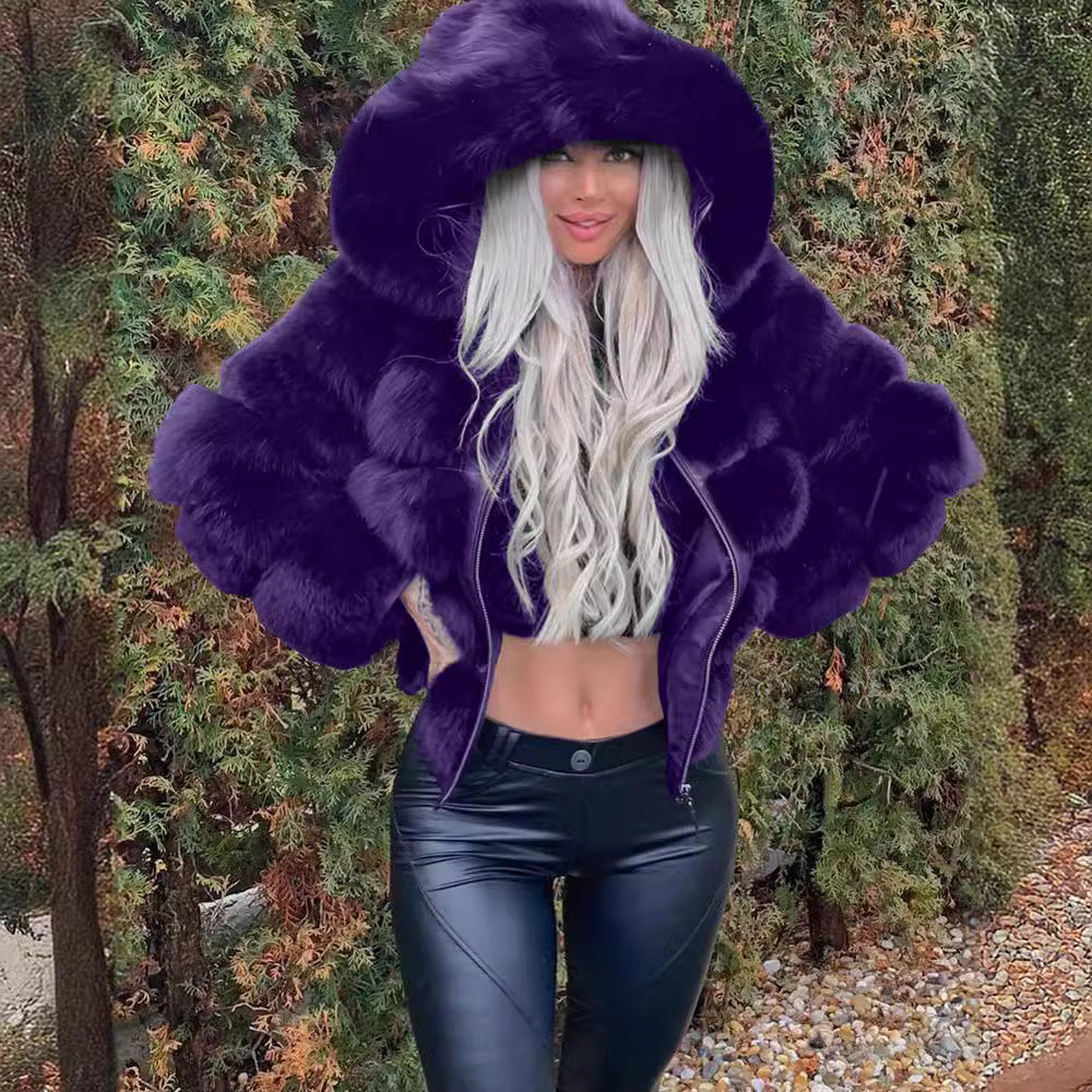 Damen Kuschelige Kunstfelljacke mit voluminösem Kapuzenkragen Fudus