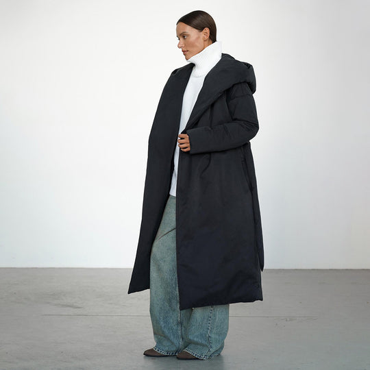 Damen Langmantel mit breitem Kragen und Taillengürtel Fudus