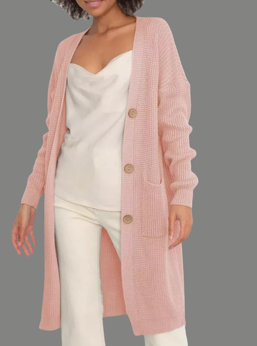 Damen langer Strickcardigan mit Knopfdetails und praktischen Taschen Fudus