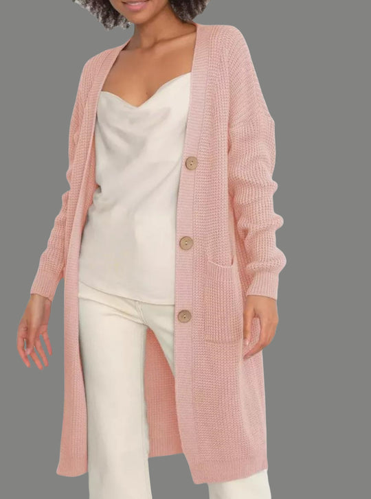 Damen langer Strickcardigan mit Knopfdetails und praktischen Taschen Fudus