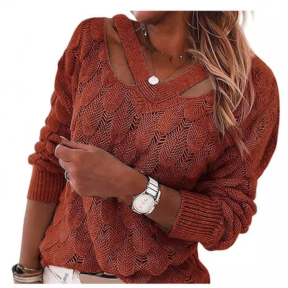 Damen Grobstrickpullover mit tiefem V-Ausschnitt und Cut-Out-Details Fudus