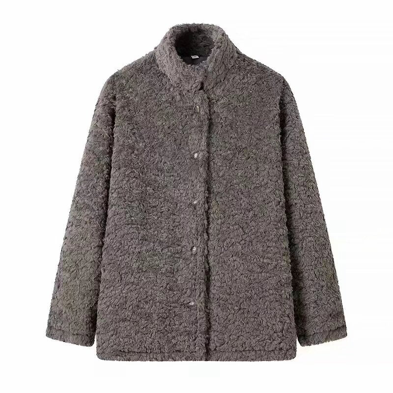 Damen kuschelige Plüschjacke mit elegantem Stehkragen und praktischen Knopfverschlüssen Fudus