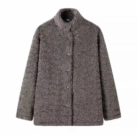 Damen kuschelige Plüschjacke mit elegantem Stehkragen und praktischen Knopfverschlüssen Fudus