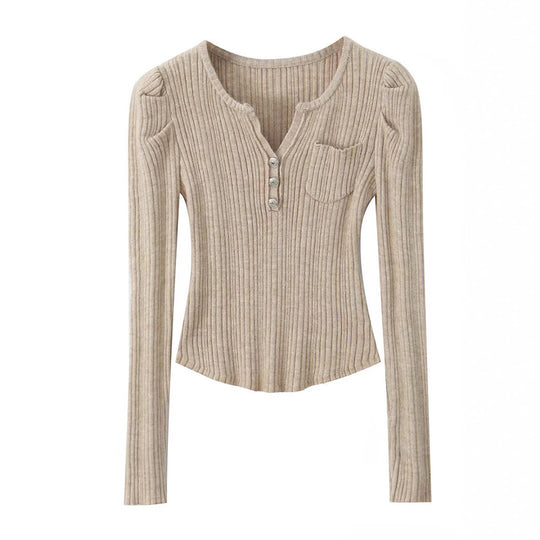 Damen Langarmshirt mit strukturiertem Rippdesign und eleganten Knopfdetails Fudus