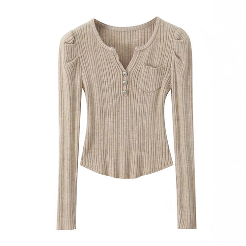 Damen Langarmshirt mit strukturiertem Rippdesign und eleganten Knopfdetails Fudus